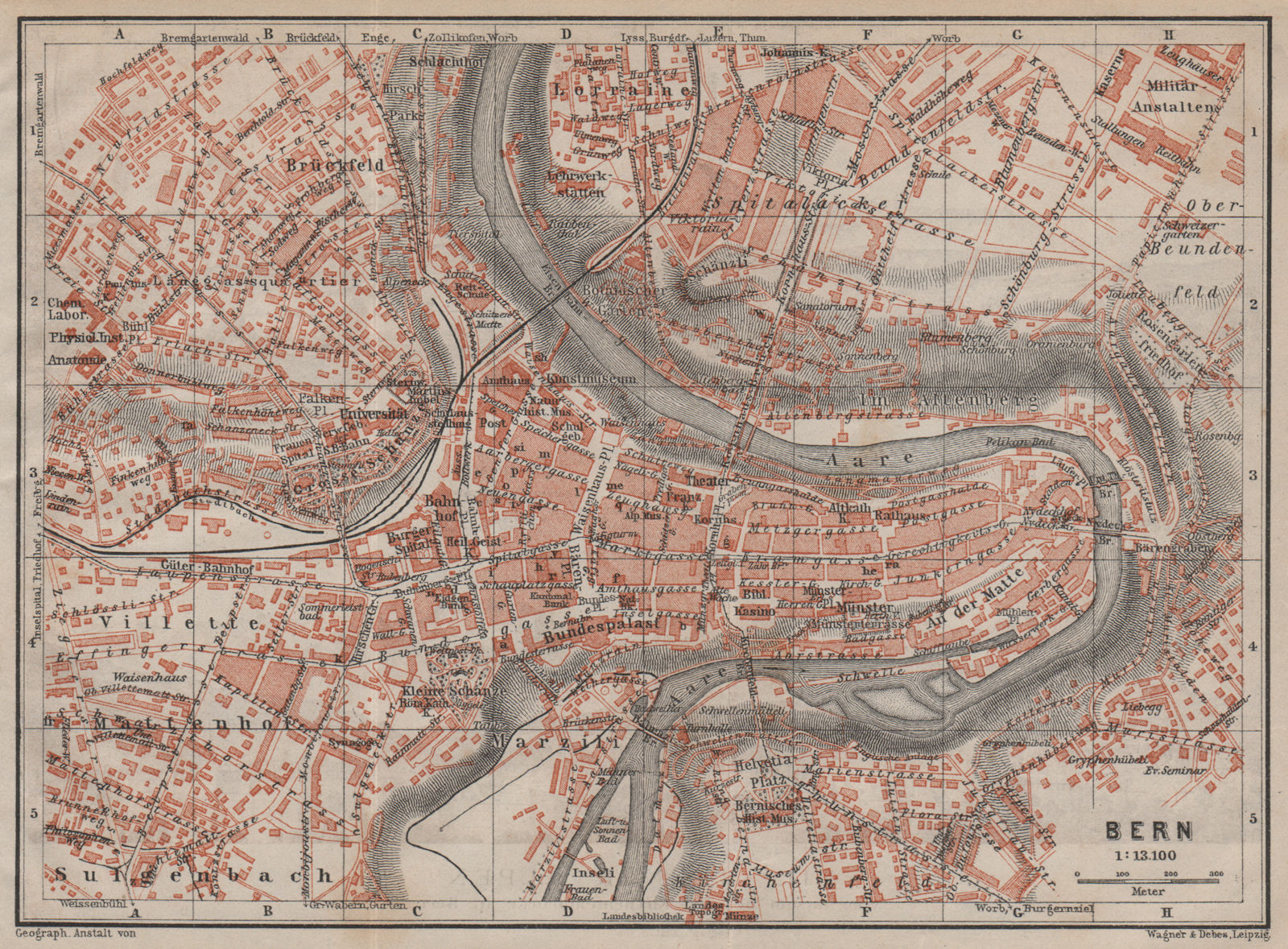 BERN BERNE. town city stadtplan. Switzerland Suisse Schweiz. BAEDEKER 1913 map